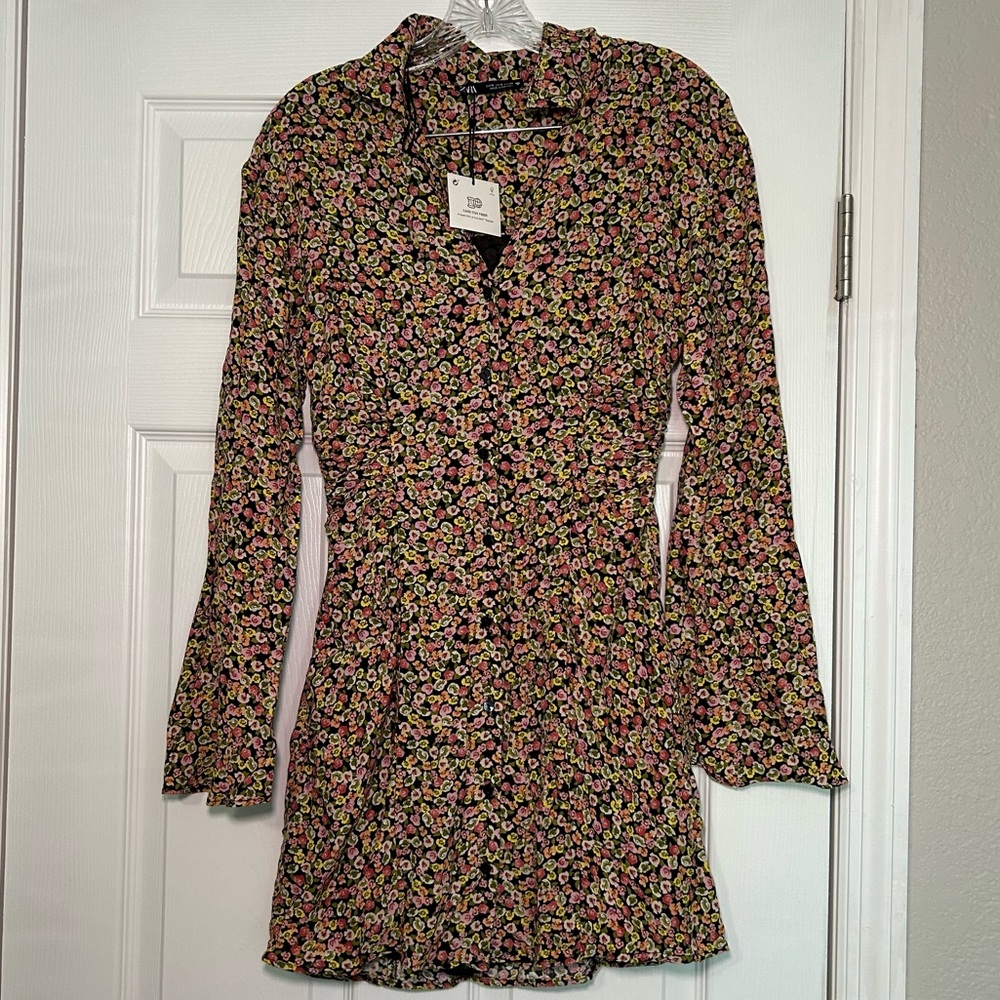 Zara Long Sleeve Floral Mini Dress in Black with Pink & Green Print